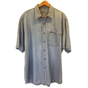 Woolrich Rugged Outdoor Wear Denim Chambray Short Sleeve Shirt Mens XL Button Up